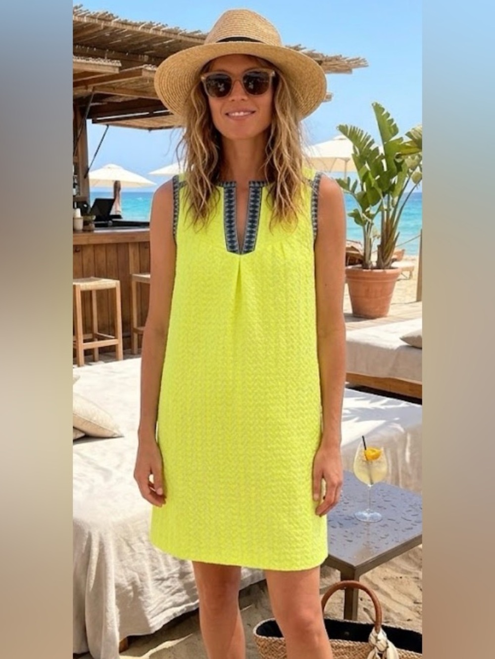 J Crew Summer Shift Dress Neon Yellow Arrow Print Trim Size 12 EUC